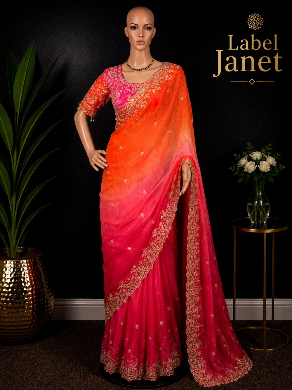 Brand new Ombre Orange to Pink Embroidered Saree with blouse (34” - 42”)